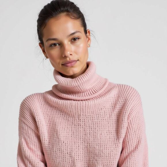Boohoo Soft XS Pink Ribbed Knit Turtleneck Tunic Sweater Long Sleeve Cozycore - Picture 5 of 5
